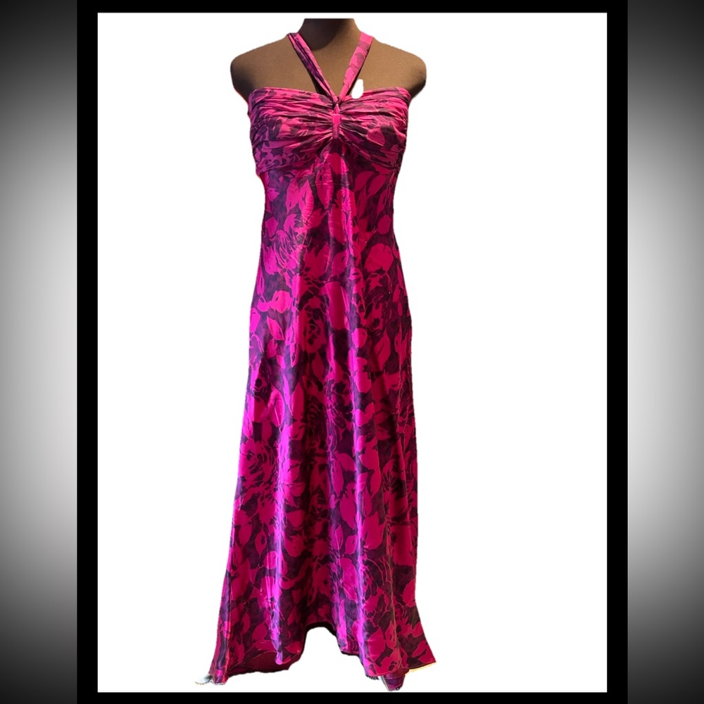 VTG Y2K s16 SPIEGAL silk charmeuse maxi dress-lined-halter-ruched bust-bias cut
